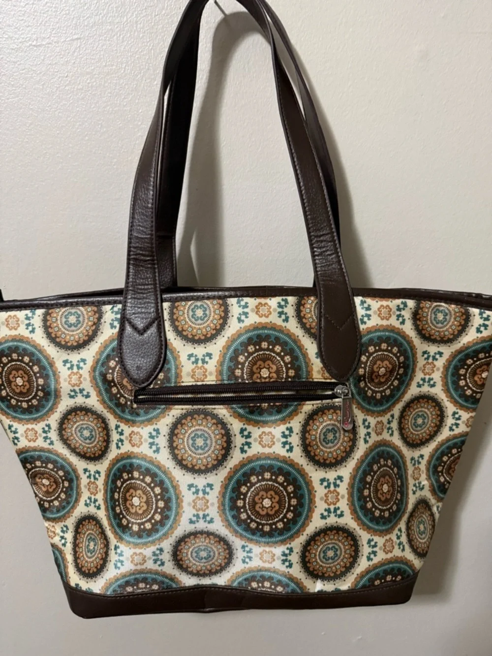 Bella Canvas Cream Tote with Teal and Brown Medallion Print